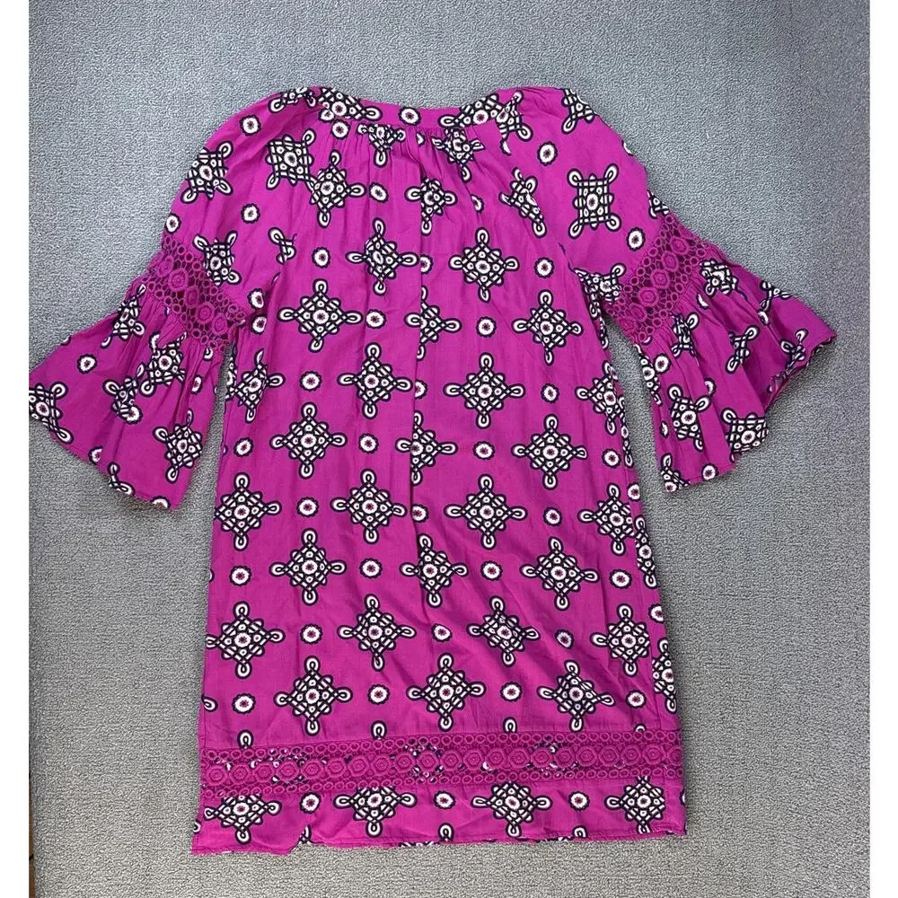 Crown & Ivy Dress Bell‎ Sleeve Crochet Magenta Navy Geometric Print Size Small